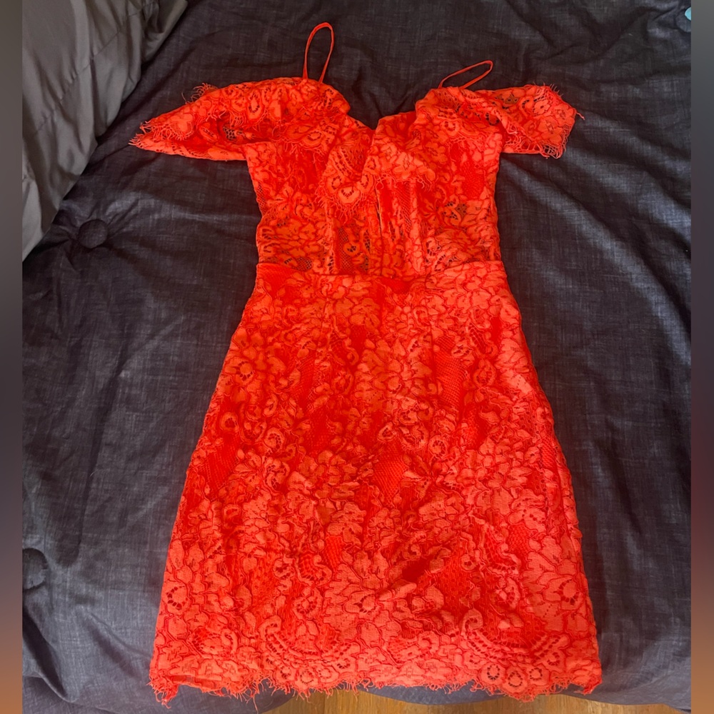 Naven Red Lace Off-Shoulder Mini Dress